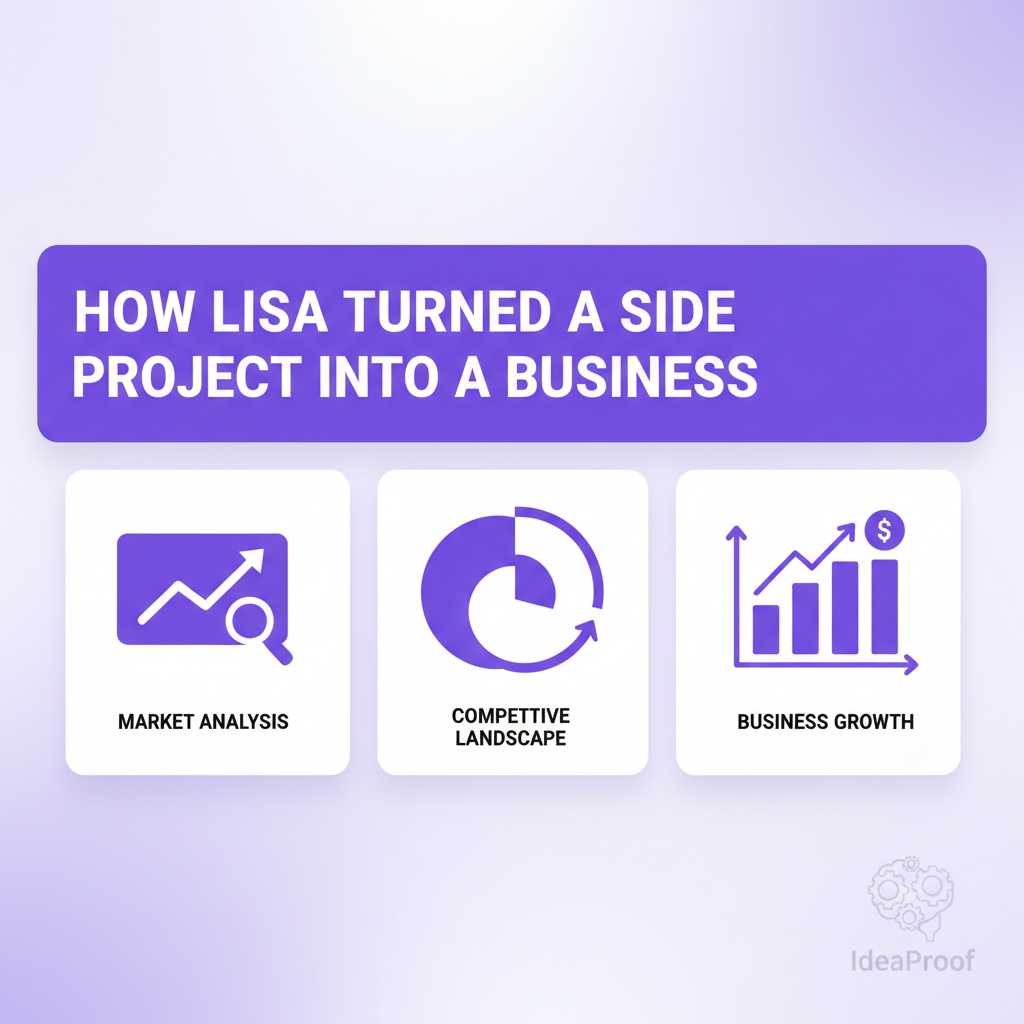 How Lisa Turned a Side Project into a Business - IdeaProof AI business validation platform showing business strategy analysis and insights for entrepreneurs and startups