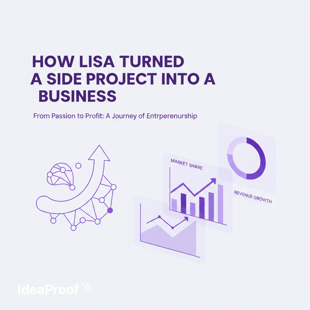 Visual guide: How Lisa Turned a Side Project into a Business | IdeaProof Business Validation How Lisa Turned a Side Project into a Business - IdeaProof AI business validation platform showing business strategy analysis and insights for entrepreneurs and startups